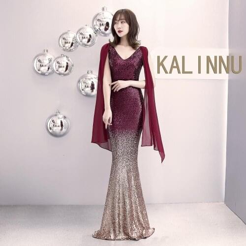 Beauty-Emily Ribbon V Neck Evening Dresses Long Mermaid Party Dress Sequins Gradient Burgundy Pleated Formal Gown robe de soiree