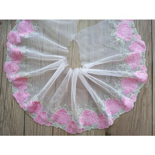 2Yards Embroidered Pink Flower Lace Fabrics Embroidery Mesh Net Trims Floral Mesh Tulle Sewing Applique Dress 15cm