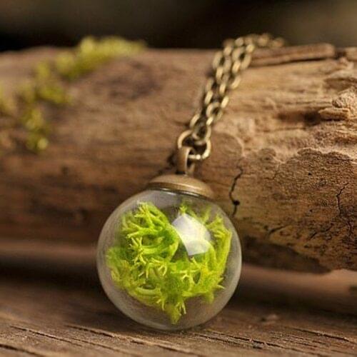 3PCS 16MM Glass Ball Real Moss Necklace genuine moss pendant, antique brass necklace Green necklace birthday gift for women
