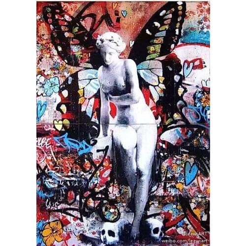 Spray painting graffiti art nude statue with butterfly wing on oil canvas for wedding decor and wallpaper,gallery