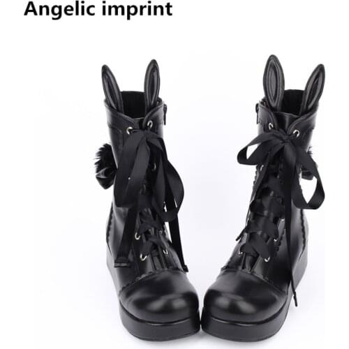 Angelic imprint Women mori girl motorcycle boots lady lolita short ankle Boots woman high heels pumps platform shoes rabbit ears