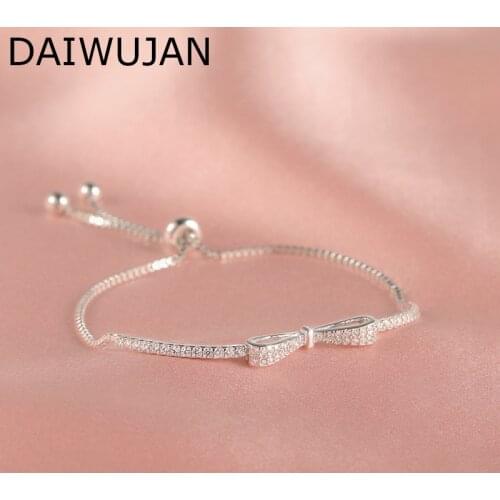 Shiny Crystal 925 Sterling Silver Bowknot Bracelets & Bangles for Women Zircon Tennis Adjustable Bracelet Ladies Party Jewelry