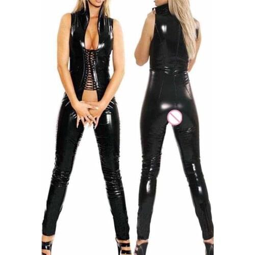 Sexy Costumes Lingerie Women Bodysuit Black Latex Catsuit Crotchless Lingerie Sex Hot Erotic Lace Up Pole Dance Night Club Wear
