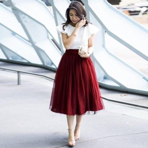 Burgundy 2 Layers Tulle Skirt For Women Pleated Bow On The Back Skirts Selastic Waist Petticoat Bridesmaids Midi Overskirts