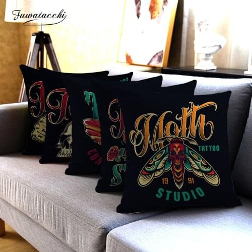Fuwatacchi Tattoo Studio Print Cushion Cover Abstract Paint Skull Dragonfly Decorative Throw Pillowcases For Store Studio Sofa