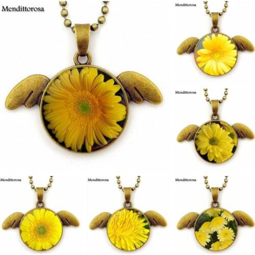 For Women Girl Gift Daisy New Arrival Necklace Glass Cabochon Bronze Angel Wings Pendant Necklaces