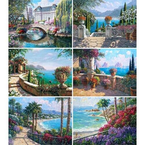 EverShine Diamond Mosaic Seaside Picture Of Rhinestone Diamond Painting Scenery Full Square Drill Embroidery Town Wall Art