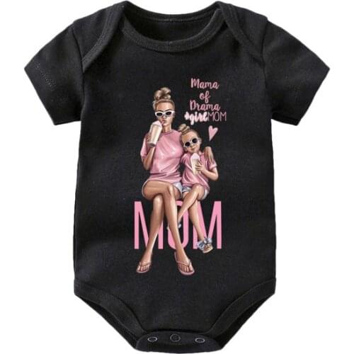 Newborn Toddler Cotton Black Bodysuit Summer New Fashion Mom Daughter Graphics Printed Baby Romper Girls Lovely Cartoon Onesies
