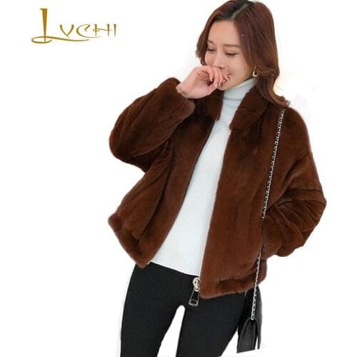 LVCHI Winter 2019 Import Velvet Real Mink Fur Coats Womens Coat Full Pelt Causal Mandarin Collar Solid Short Mink Fur Coats