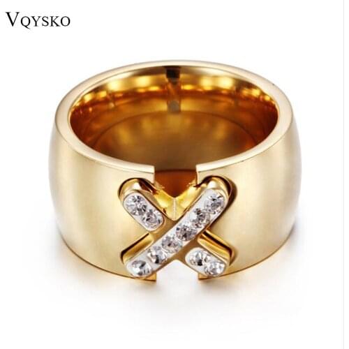 New Arrival Gold-Color Ring Bijoux 14mm Width Big Pave Setting CZ Cross X Ring For Women Trendy Fashion Jewelry Wholesale Gift