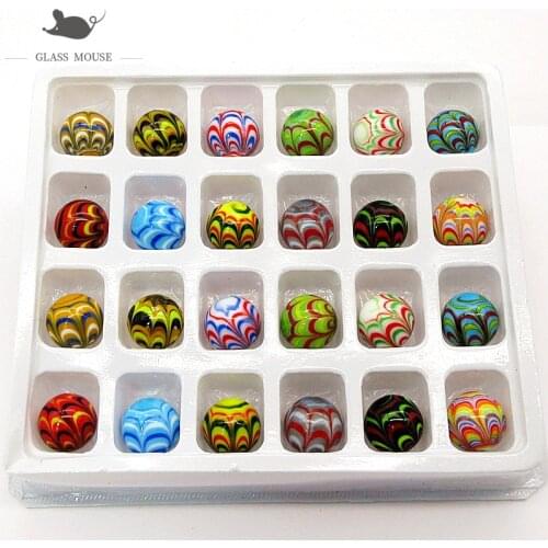 16mm Round Feather Design Handmade Glass Marbles Ball Charms Home Decor Accessories Vase Filled Game Toy For Kids Children 24PCS