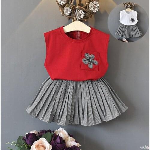 Toddler Girl Summer Clothing Sets 2021 New Baby Sleeveless Tops+pleated Skirts 2pcs Sets Girl Casual Set Kids Lovely Plaid Skirt