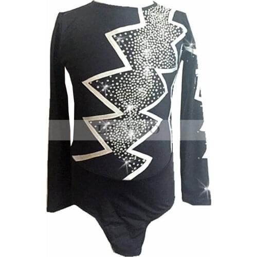 Boys men figure skating costumes TopsFigure skating show clothing Round neck long sleeve black White stripe pattern Rhinestone