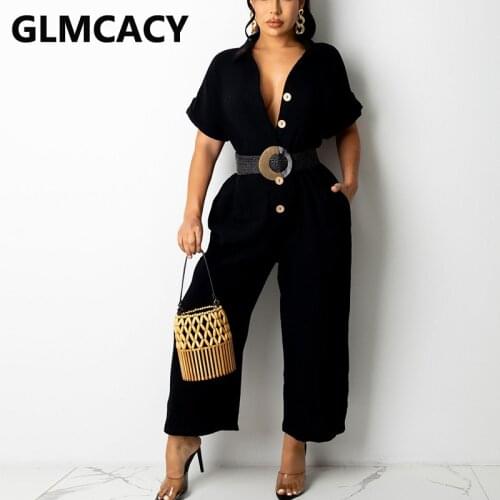 Short Sleeve Button Up Casual Shirt Jumpsuit Solid Loose Overalls