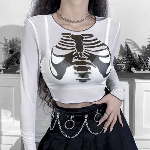 SEASONS Sexy Mesh Transparent Long Sleeve Crop Top T Shirt Harajuku Sexy White T-shirt Women Gothic Punk Street Summer ASTS83243