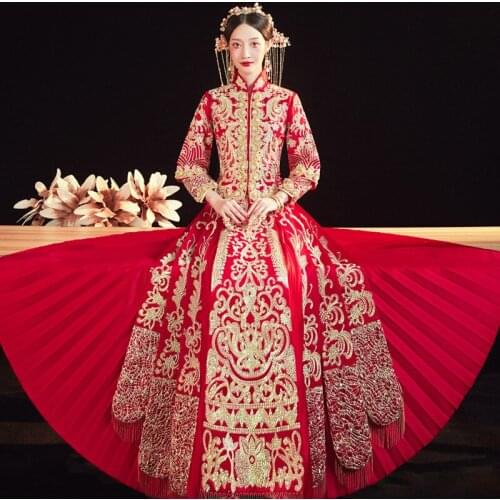 FZSLCYIYI Bride Wedding Cheongsam Red Traditional Chinese Wedding Gowns Embroidery Qipao Dress Traditional Wedding Hanfu
