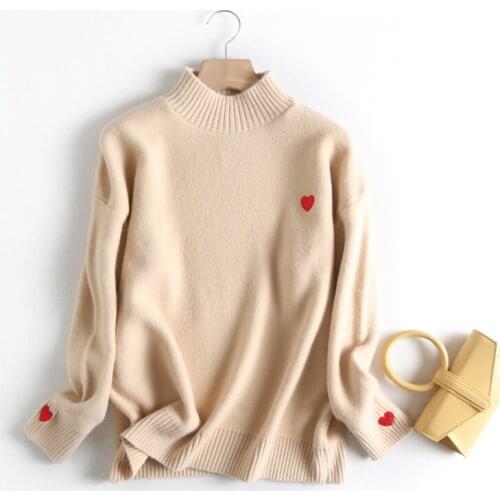 O-Neck Knitted winter clothes women harajuku shirt oversized sweater korean top Embroidery Heart sweater women Solid Pullovers