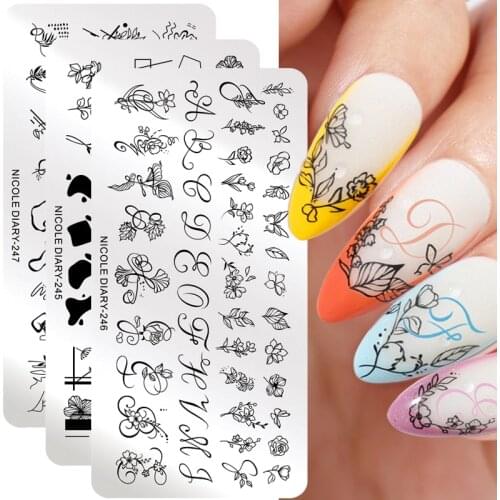 NICOLE DIARY Alphabet Flower Design Stamping Plates Artistics Geometric Line Floral Leaves Nail Art Stamp Template Stencils
