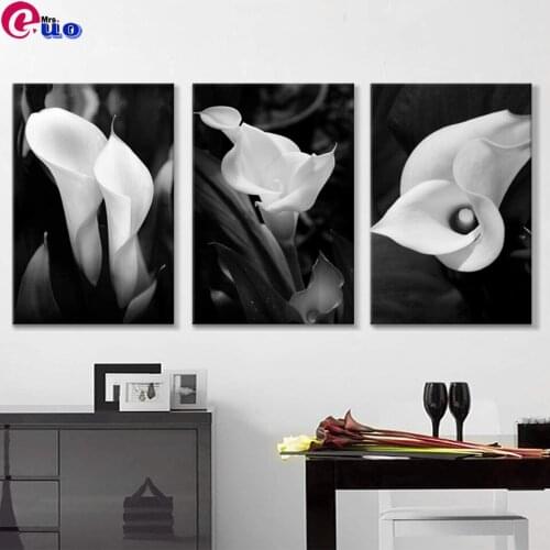 Diamond Painting Triptych White Lily Full Drill Home Decoration Diamond Embroidery "BlacK And White Flower "Mosaic Cross Stitch