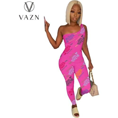 VAZN 2021 Spring One Off Shoulder Fancy Soft Elastic Free Young Sexy 3 Color Daily Style Tank Sleeve Women Pencil Jumpsuits