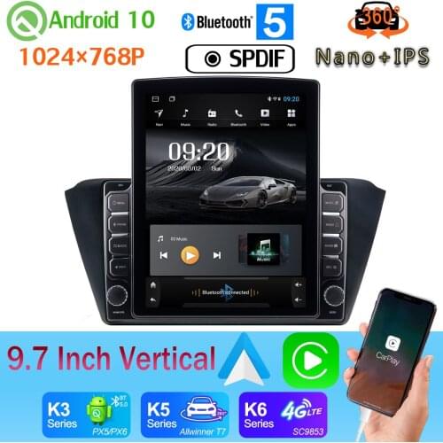 SPDIF Nano+IPS 9.7" Vertical Style Car Media Player GPS For Skoda Fabia mk3 2015 2016 2017 Android 10 360 Camera PX6 4+64G Radio
