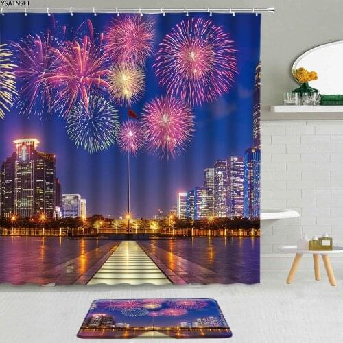 2Pcs Fireworks Bloom Beautiful Pattern Shower Curtain City Night Architecture Landscape Bathroom Curtains Non-Slip Bath Mat Set