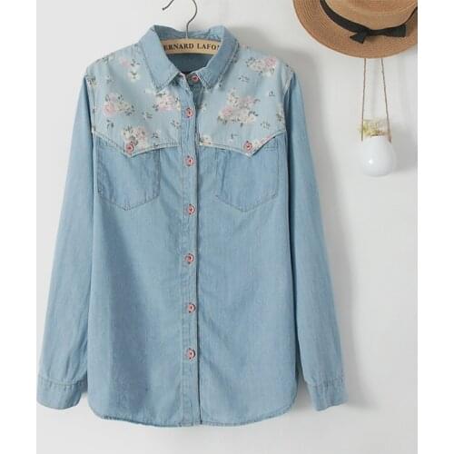 Japanese Vintage Preppy College Female Floral Patchwork Shirt Denim Wood Button Women Long-sleeved Denim Shirt Mori Girl Shirts