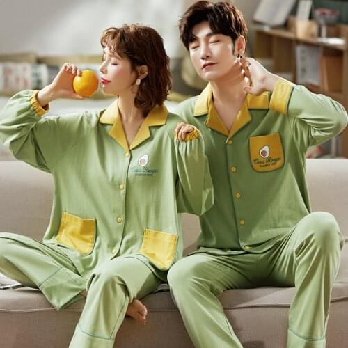 Winter Couple Pajamas Cotton Cardigan Pajamas Sets Cute Green Avocado Couple Sleepwear Men & Women Casual Pocket Home Clothing