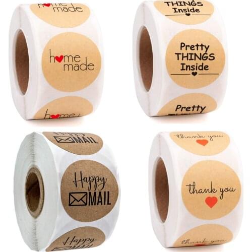 500pcs/Roll Kraft Paper Round Sticker Goods Package Seal Label 'Happy Mail' 'Pretty Thing' 'Thank You' 'Handmade' 'Merci' 2.5cm