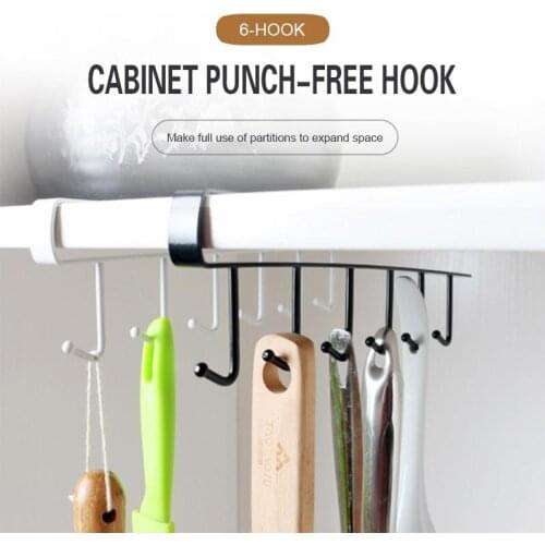 6-hook Punch-free Cabinet Hook Multifunction Hanger For Kitchen Gadgets Cabinet Cupboard Dish Organizer