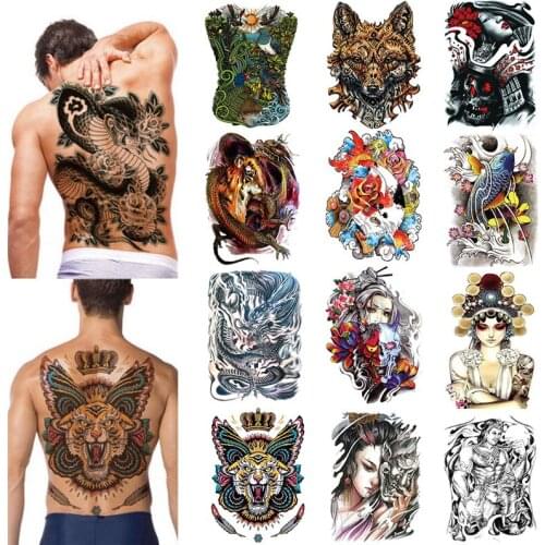 48*35CM Large Tattoo Stickers New Designs Fish Wolf Buddha Waterproof Temporary Flash Tattoos Full Back Chest Body For Men Women