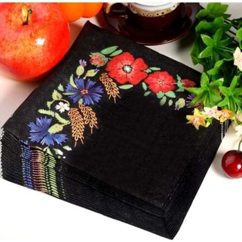 Paper napkins tissue black color print embroidery art handerchief decoupage wedding birthday party cafe decoration mug cup mats