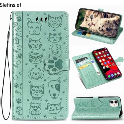 Cute Cat & Dog Embossed Flip Phone Case For Samsung Galaxy A10 A20S A30 A30S A40 A50 A50S Flip.Leather Cover Card Slot Bag