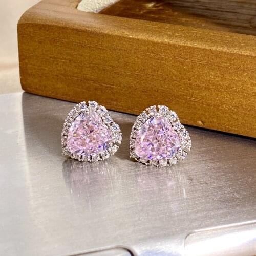 Hot Sale Solid 925 Sterling Silver Romantic Pink Heart Engagement Quartz Lab Moissanite Diamond Necklace/Earrings Jewelry Set