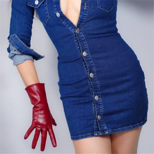 Short Leather Gloves 28cm Wrist Simulation Leather Imitation Leather Imitation Sheepskin PU Deep Wine Red Crimson PUSH28