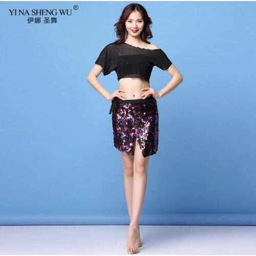 New Women Belly Dance Clothing Class Wear Off Shoulder Sequins Costume Set for Girls 2 Pieces Top and Short Skirt Bellydance New