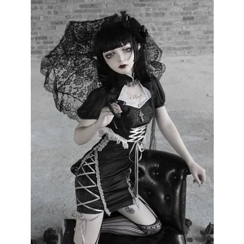 Mandarin Collar Lace Patch Short Sleeve Mini Dress Gothic Punk Black Sheath Lace-up Cheongsam Dresses Summer 2020