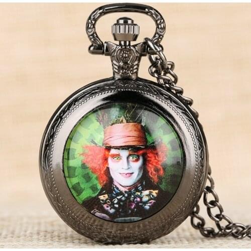 Mad Hatter Pattern Quartz Pocket Watch Famous Alice In Wonderland Theme Necklace Watch Men Clock Pendant Gift for Boys Girls Kid