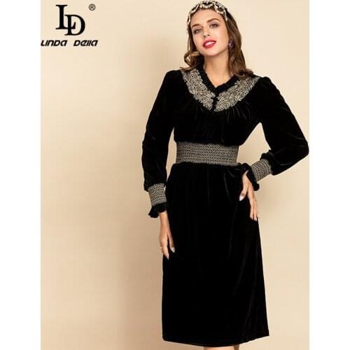 LD LINDA DELLA New 2021 Spring Fashion Black Velvet Dress Women Long sleeve Gold Embroidery Mid-Length Vintage Party Dresses