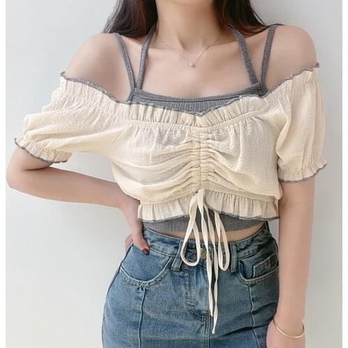 Summer Tank Beach Women Crop Top Ruched Pullover Elastic Waist Off Shoulder Sexy Strapless Holiday Club Lantern Sleeve Casual