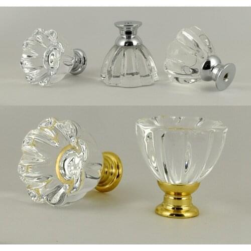 Fashion creative petal clear glass crystal drawer shoe cabinet knob pull silver golden kitchen cabinet cupboard door handle 32mm