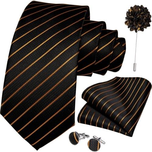 New Arrival 100% Silk Mens Ties Gold Striped Black Necktie Hanky Brooch Cufflinks Set Men Wedding Party Business Tie DiBanGu