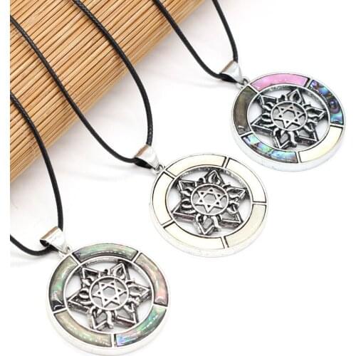 Natural Mixed Colors Round Mother of Pearl Shell Wax Thread Necklace Pendants for Women Gift Length 55cm Size 42x42mm
