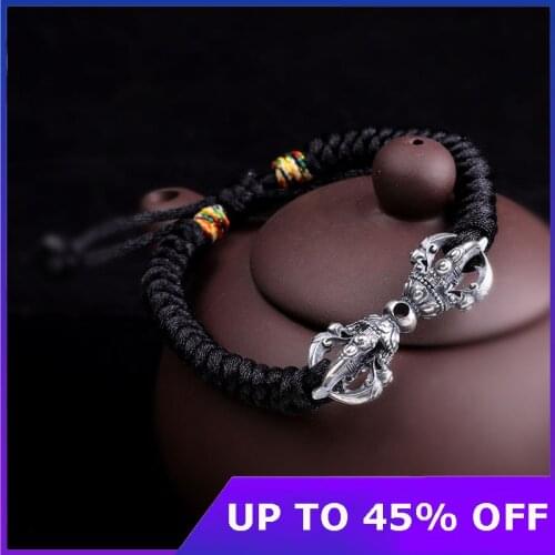 Real 999 Sterling Silver Cicada Lucky Beads Charms Handmade Woven Rope Knot Bracelet Fine Jewel Vintage Trendy Fine Jewelry Gift