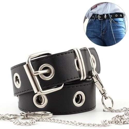 Womens Belt Fashion Hollow Punk Belt Pants Belt Chain Jeans Belt with Chain PU Leather Jeans Belt Buckle Belt Accessories