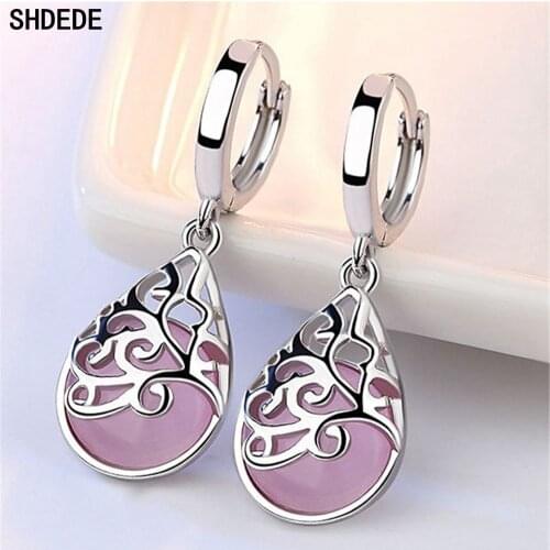 SHDEDE Pink White Opal Stone Hoops Drop Earrings 925 Sterling Silver Korean Female Party Jewelry For Women Female Gift -WH91