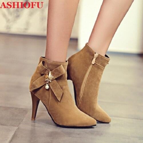 ASHIOFU New Handmade Womens Ankle Boots Bowties&Star Deco Party High Heels Booties Large Size Evening Fashion Short Boots Shoes