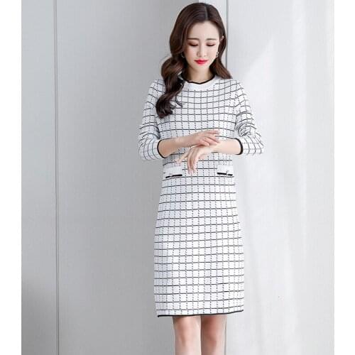 New Autumn Winter Women Base Dress High Quality Classic Plaids Slim Knitted Sweater Dress Elegant Vintage Dress