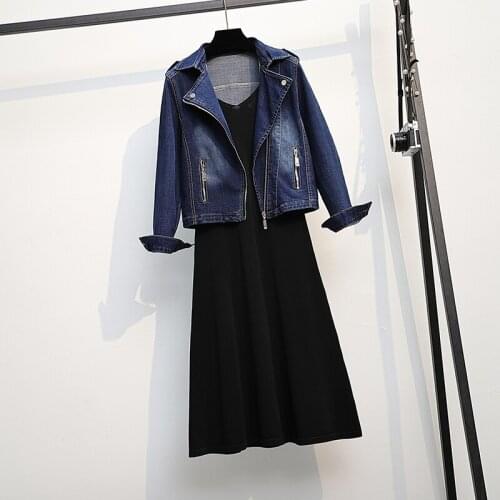 Large size womens 2021 spring dress new fat sister fashion versatile denim coat knitted dress slim suit