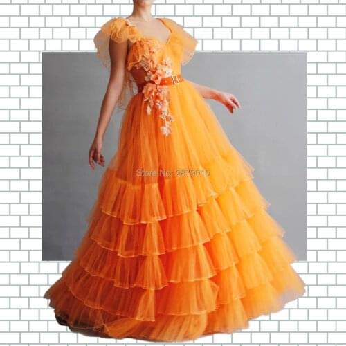 Brilliant V-Neck Orange A-Line Evening Dress Floor-Length Sash Women Dress Tulle Beaded Turkish Arabic Prom Party Dress Dubai
